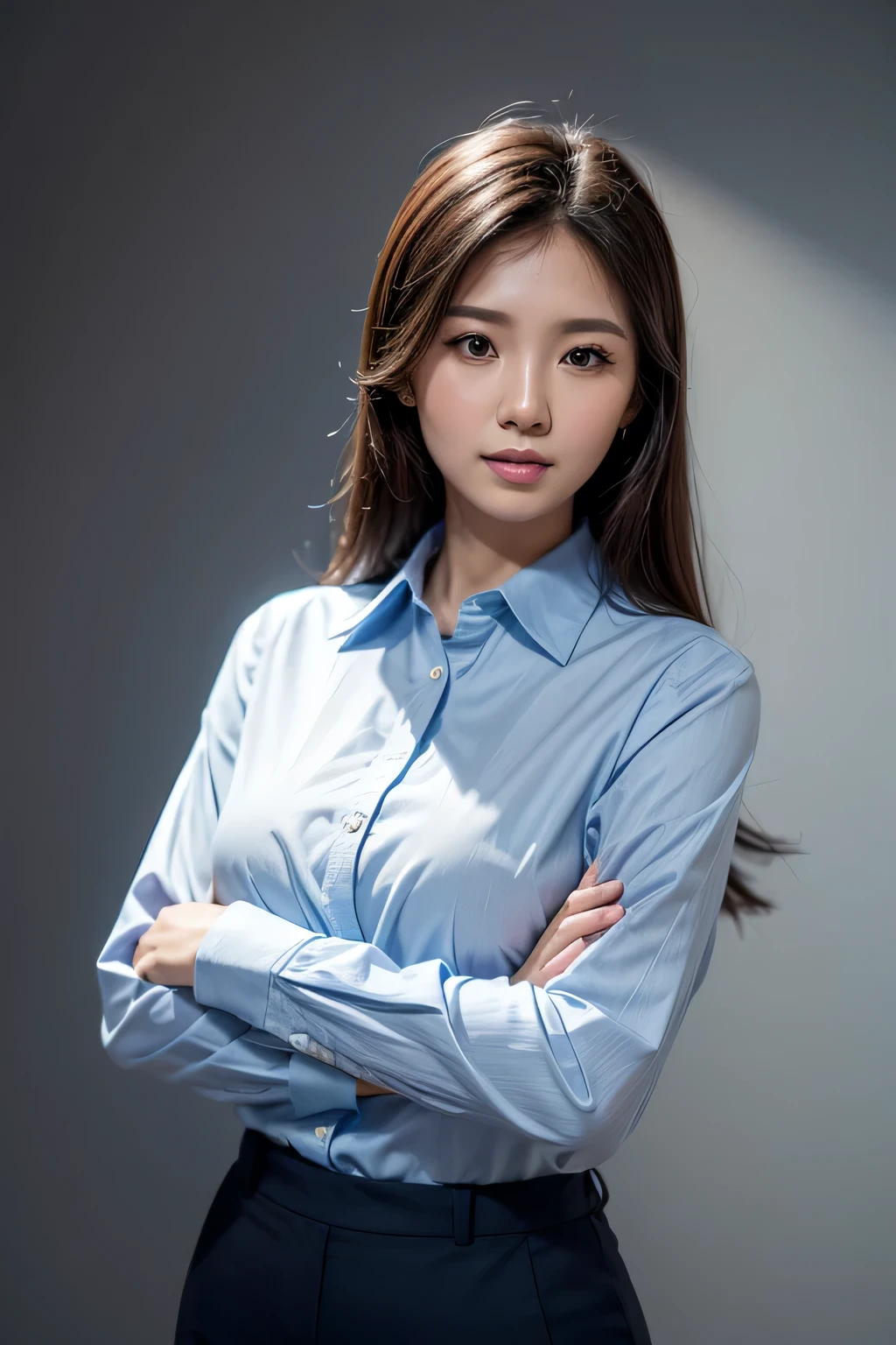 Happy and confident young professional business woman wearing blue shirt, beautiful Asian female executive looking at camera, standing with crossed arms isolated on gray background, perfect accurate detail, high quality realistic photo, l84, raw, soft and studio lighting light, super focus, original photo (for maximum detail)