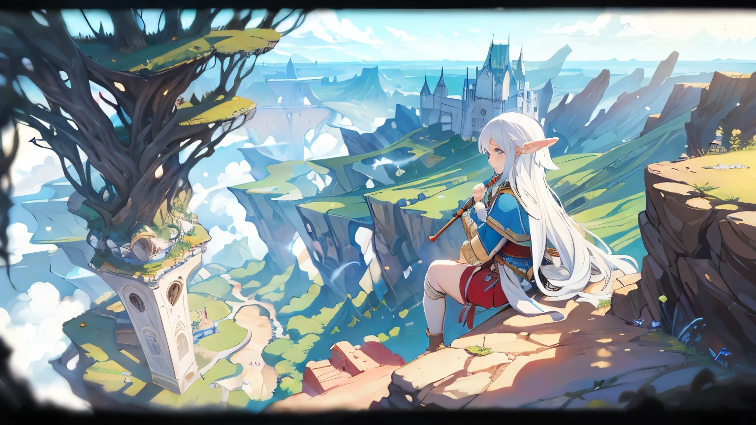 Overlooking the medieval city、On the Cliff、Elf playing the flute、Fantasy anime style