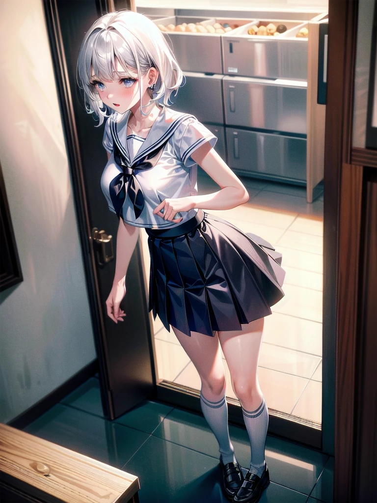best qualtiy,超高分辨率,1girll,sleeveless white button shirt,a black skirt,The reveal panties,Black collar,adolable,(Kpop idol),(aegyo sal:1),(Platinum blonde hair:1),((Puffy eyes)),It looks like in front of the audience,full bodyesbian,Butt forward