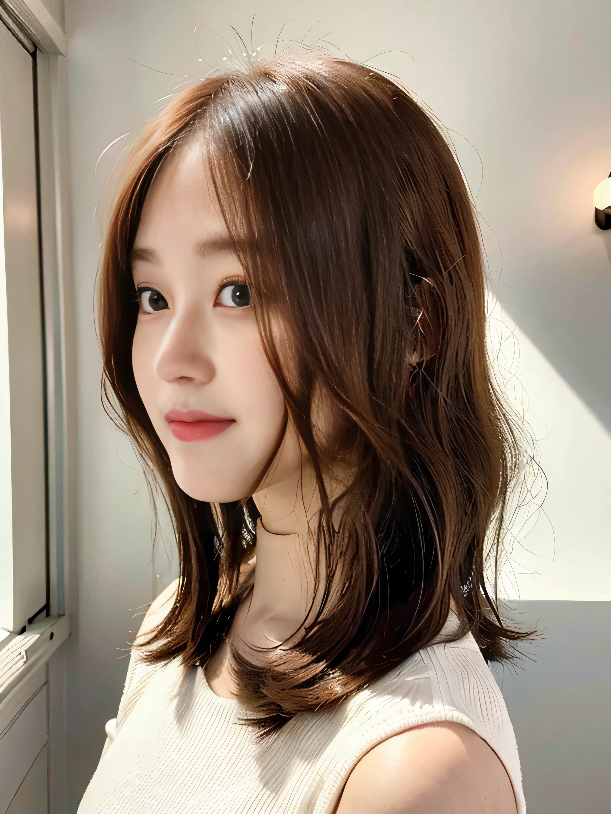 highest quality、超A high resolution、Photorealistic、(Reddish brown wavy bob cut hair、Floating Hair)、((highest quality、8k、masterpiece:1.3))、(Slender:1.3)、concentrated:1.2、Perfect body beauty:1.4、(Laughter)、(street:1.3)、Highly detailed face and skin texture、Finely grained、double eyelid、White skin、(short hair、Air Van:1.3)、(Round face:1.5)、sunlight、(In a room with white walls and a window、Shot in a beauty salon)、(Woman looking to the side)、Winter clothes