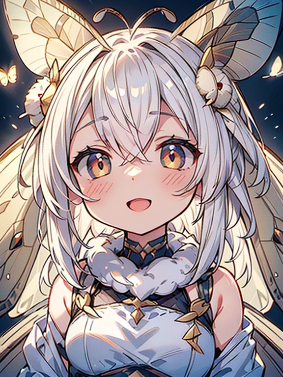 solo,1woman\(cute,kawaii,small kid,skin color white,short white hair,(big moth wing hair:1.7),white dress\(beautiful race\),(2moth antennaes at hair:1.7),evil smile,open mouth,[moth wing on back:2.0],[moth wing on body:2.0],[moth wings:2.0],[extra arm],moth wing is only at hair\),background\(street lights glowing slightly,night\), BREAK ,quality\(8k,wallpaper of extremely detailed CG unit, ​masterpiece,hight resolution,top-quality,top-quality real texture skin,hyper realisitic,increase the resolution,RAW photos,best qualtiy,highly detailed,the wallpaper,cinematic lighting,ray trace,golden ratio,\),(close up:1.4),(nsfw:0.1)