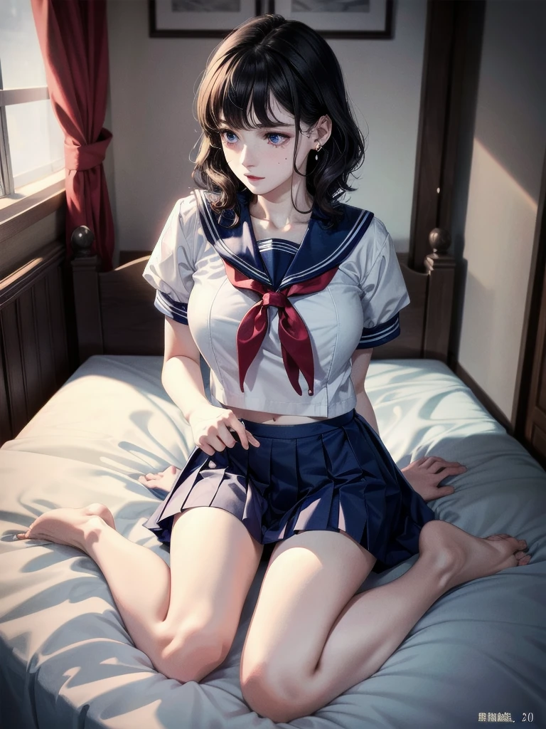 sailor school_uniform, absurdres, RAW photo, extremely delicate and beautiful, masterpiece, Best Quality, ultra high resolution, 32k, hyperrealistic, ultra-detailed, detailed description, pale skin, 20 years old, tearful mole, earring, Colossal tits, short medium hair, wavy hair, full body shot,