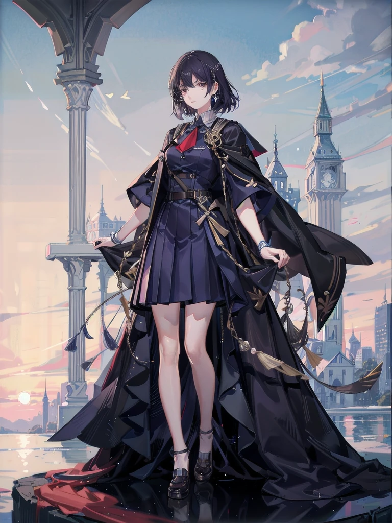 sailor school_uniform, absurdres, RAW photo, extremely delicate and beautiful, masterpiece, Best Quality, ultra high resolution, 32k, hyperrealistic, ultra-detailed, detailed description, pale skin, 20 years old, tearful mole, earring, Colossal tits, short medium hair, wavy hair, full body shot,