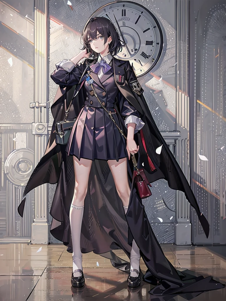 sailor school_uniform, absurdres, RAW photo, extremely delicate and beautiful, masterpiece, Best Quality, ultra high resolution, 32k, hyperrealistic, ultra-detailed, detailed description, pale skin, 20 years old, tearful mole, earring, Colossal tits, short medium hair, wavy hair, full body shot,