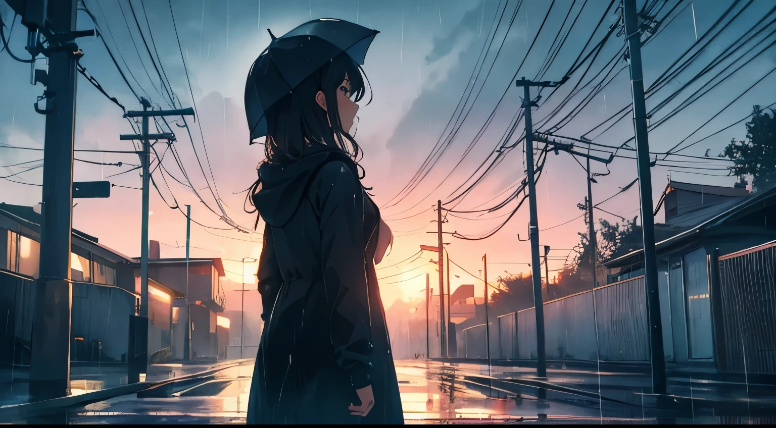 Back view of a girl standing in the rain