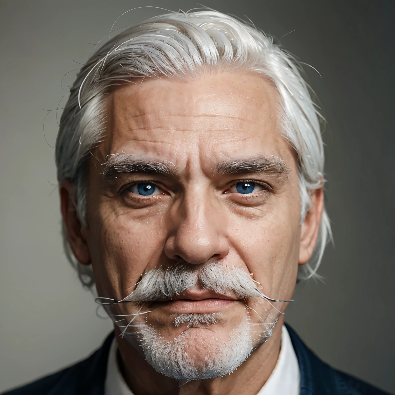 A handsome old man with white hair and white mustache and blue eyes