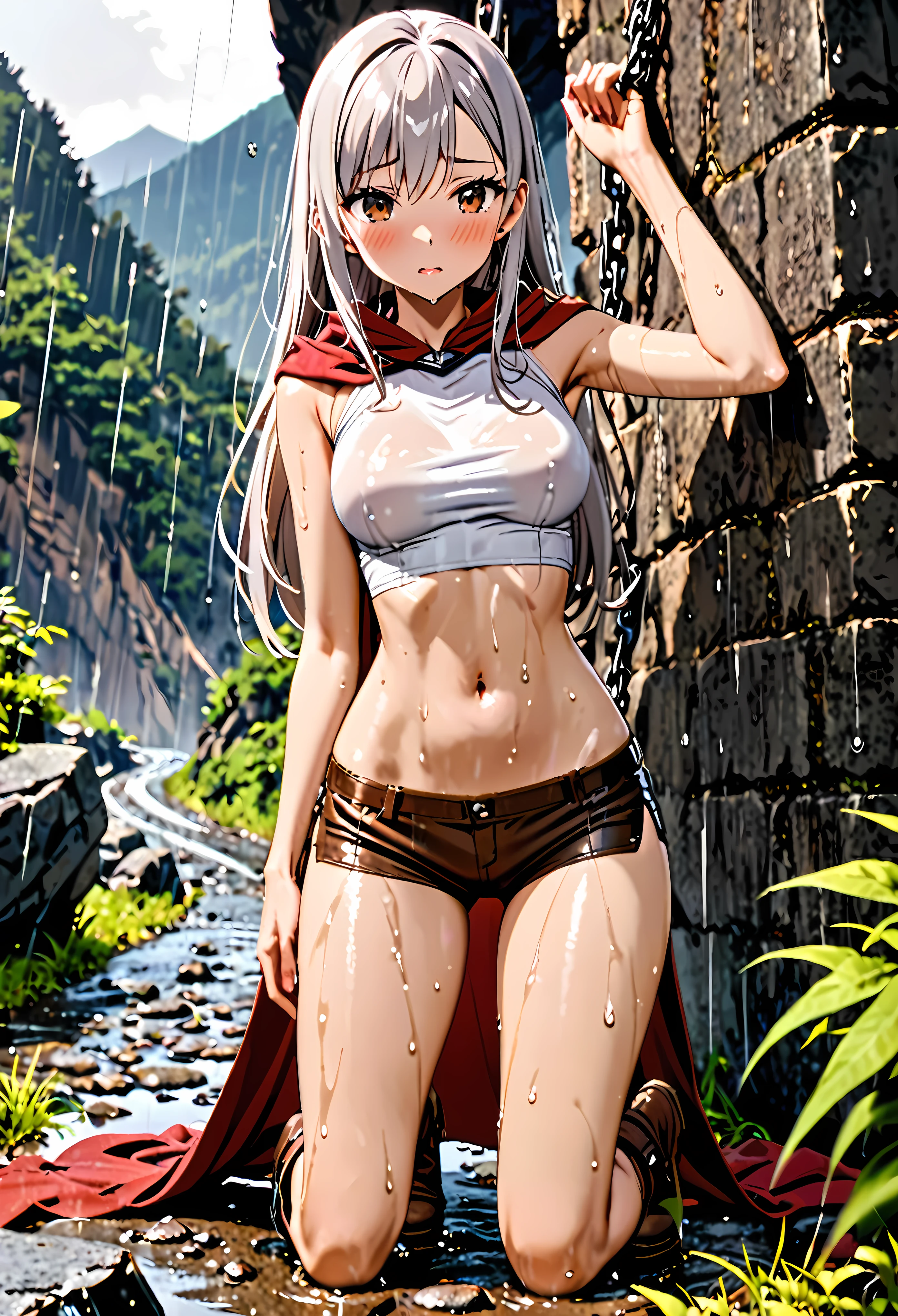 1 female,The perfect 25 years old,((ideal ratio body proportions:1.6,small head:1.7)),(tan skin),((high quality anime, 8k,masterpiece,Perfect Anatomy)),nsfw,(beautiful detailed face and eyes,gorgeous eye:1.3,Almond Eyes),  BREAK   ,brown eyes,  BREAK  ,female knight、(silver hair),Straight long hair,bangs,shy,blush,Heavy breathing、  BREAK   ,cowboy shot,medium breasts,slender body,skinny,wet,  BREAK  ,Red cloak、A cropped sleeveless top in a rustic ecru color、Crop length、navel, Brown leather micro shorts、Brown leather long boots、kneeling、Climbing、　BREAK   ,Fantasy World、Steep mountain roads、heavy rain、rain、