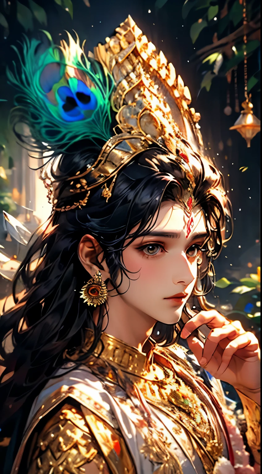 (masterpiece, best quality:1.2), Lord Krishna, alone，anime style，black hair, peacock feathers, pink lips and light flower earrings puts a finger on his mouth, Yellow-green background, closeup shot