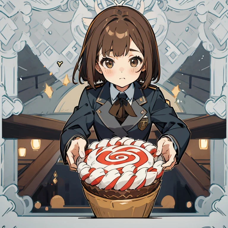 A cute girl with brown bob hair is wearing a blazer。Her uniform is grey on top and brown on the bottom.。There are lots of sweets around。