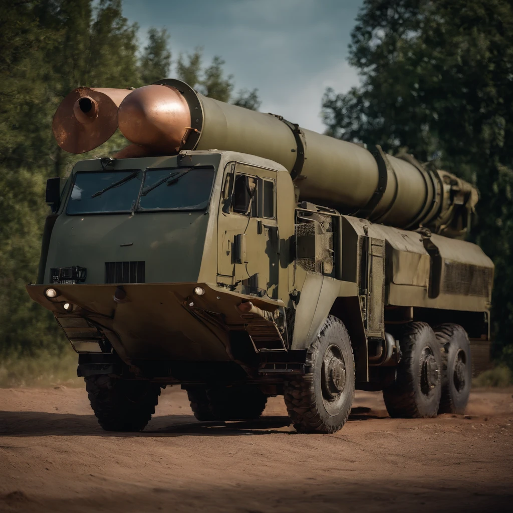 (high quality,4k,8k,photograph:1.2),Soviet-era Scud-B ballistic missile rocket truck, extensive details, military base, dramatic lighting, realistic colors, weathered appearance, heavy-duty, camouflage, rugged tires, rusty metal, powerful engine, eroded paint, aged equipment, rusty exhaust pipes, smoke, reinforced structure, sturdy chassis, retro design, historical significance, preserved piece of history