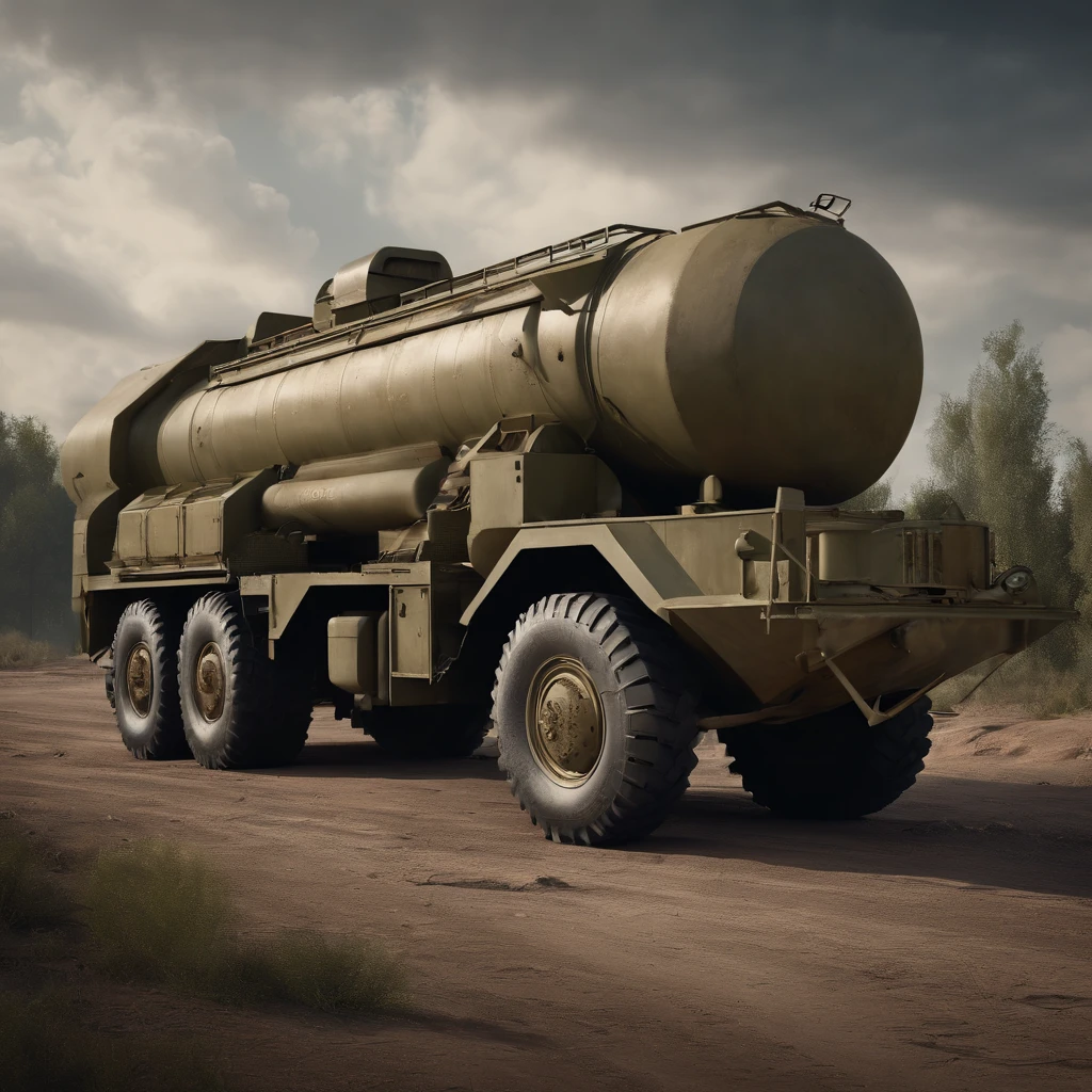 (high quality,4k,8k,photograph:1.2),Soviet-era Scud-B ballistic missile rocket truck, extensive details, military base, dramatic lighting, realistic colors, weathered appearance, heavy-duty, camouflage, rugged tires, rusty metal, powerful engine, eroded paint, aged equipment, rusty exhaust pipes, smoke, reinforced structure, sturdy chassis, retro design, historical significance, preserved piece of history