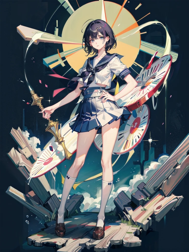 sailor school_uniform, absurdres, RAW photo, extremely delicate and beautiful, masterpiece, Best Quality, ultra high resolution, 32k, hyperrealistic, ultra-detailed, detailed description, pale skin, 20 years old, tearful mole, earring, Colossal tits, short medium hair, wavy hair, full body shot,