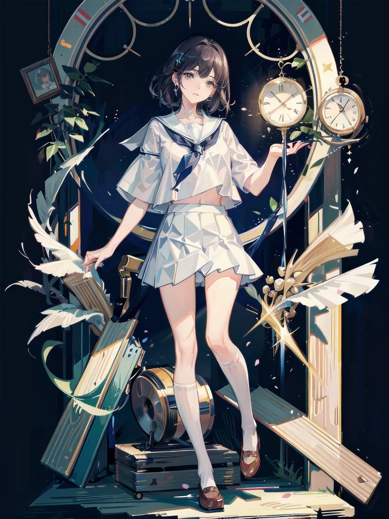 sailor school_uniform, absurdres, RAW photo, extremely delicate and beautiful, masterpiece, Best Quality, ultra high resolution, 32k, hyperrealistic, ultra-detailed, detailed description, pale skin, 20 years old, tearful mole, earring, Colossal tits, short medium hair, wavy hair, full body shot,
