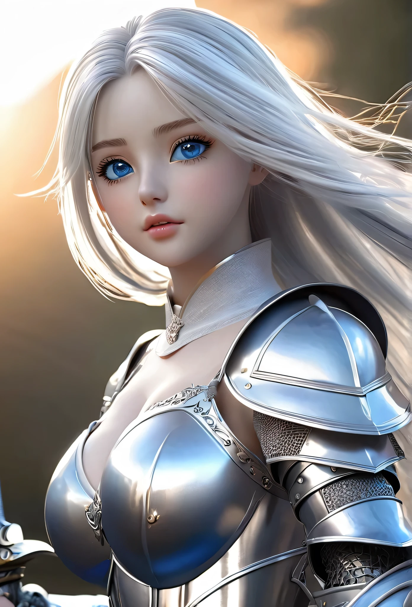 20-year-old girl,Silver long hair,Blue Eyes,Long eyelashes,Unbelievably huge breasts,((3D anime style)),A knight in revealing silver armor,Wearing a blue aura,Ready your sword,whole body,