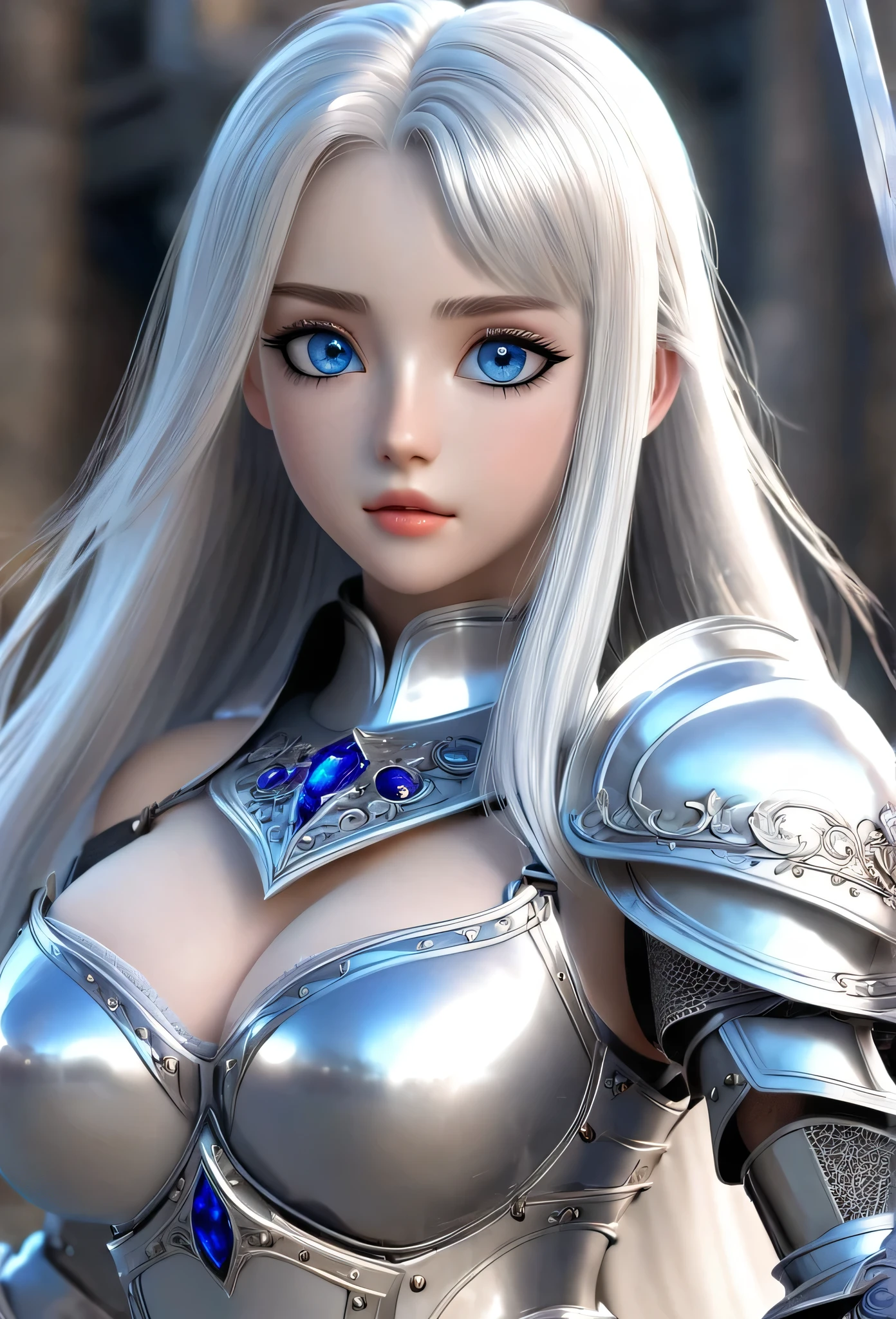 18-year-old girl,Silver long hair,Blue Eyes,Long eyelashes,White skin,Big eyes,Unbelievably huge breasts,((3D anime style)),A knight in revealing silver armor,Wearing a blue aura,Swinging a sword,