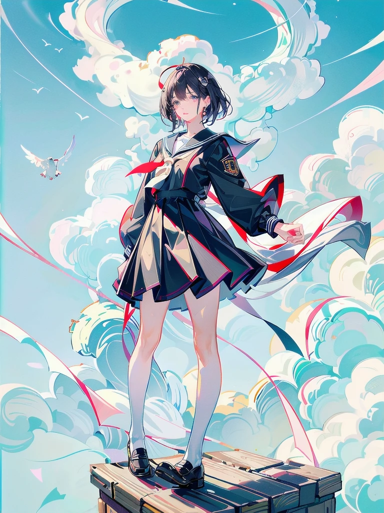 sailor school_uniform, absurdres, RAW photo, extremely delicate and beautiful, masterpiece, Best Quality, ultra high resolution, 32k, hyperrealistic, ultra-detailed, detailed description, pale skin, 20 years old, tearful mole, earring, Colossal tits, short medium hair, wavy hair, full body shot,
