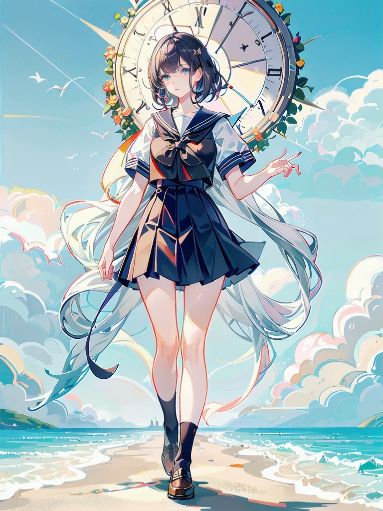 sailor school_uniform, absurdres, RAW photo, extremely delicate and beautiful, masterpiece, Best Quality, ultra high resolution, 32k, hyperrealistic, ultra-detailed, detailed description, pale skin, 20 years old, tearful mole, earring, Colossal tits, short medium hair, wavy hair, full body shot,