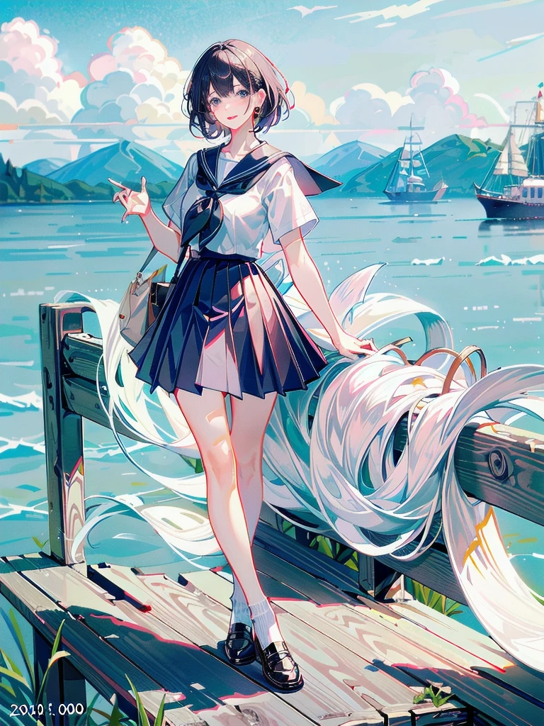 sailor school_uniform, absurdres, RAW photo, extremely delicate and beautiful, masterpiece, Best Quality, ultra high resolution, 32k, hyperrealistic, ultra-detailed, detailed description, pale skin, 20 years old, tearful mole, earring, Colossal tits, short medium hair, wavy hair, full body shot,