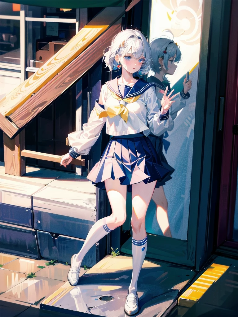 sailor school_uniform, absurdres, RAW photo, extremely delicate and beautiful, masterpiece, Best Quality, ultra high resolution, 32k, hyperrealistic, ultra-detailed, detailed description, pale skin, 20 years old, tearful mole, earring, Colossal tits, short medium hair, wavy hair, full body shot,