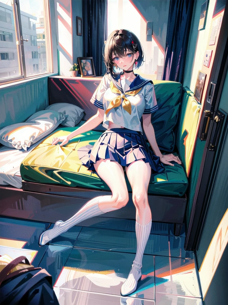 sailor school_uniform, absurdres, RAW photo, extremely delicate and beautiful, masterpiece, Best Quality, ultra high resolution, 32k, hyperrealistic, ultra-detailed, detailed description, pale skin, 20 years old, tearful mole, earring, Colossal tits, short medium hair, wavy hair, full body shot,
