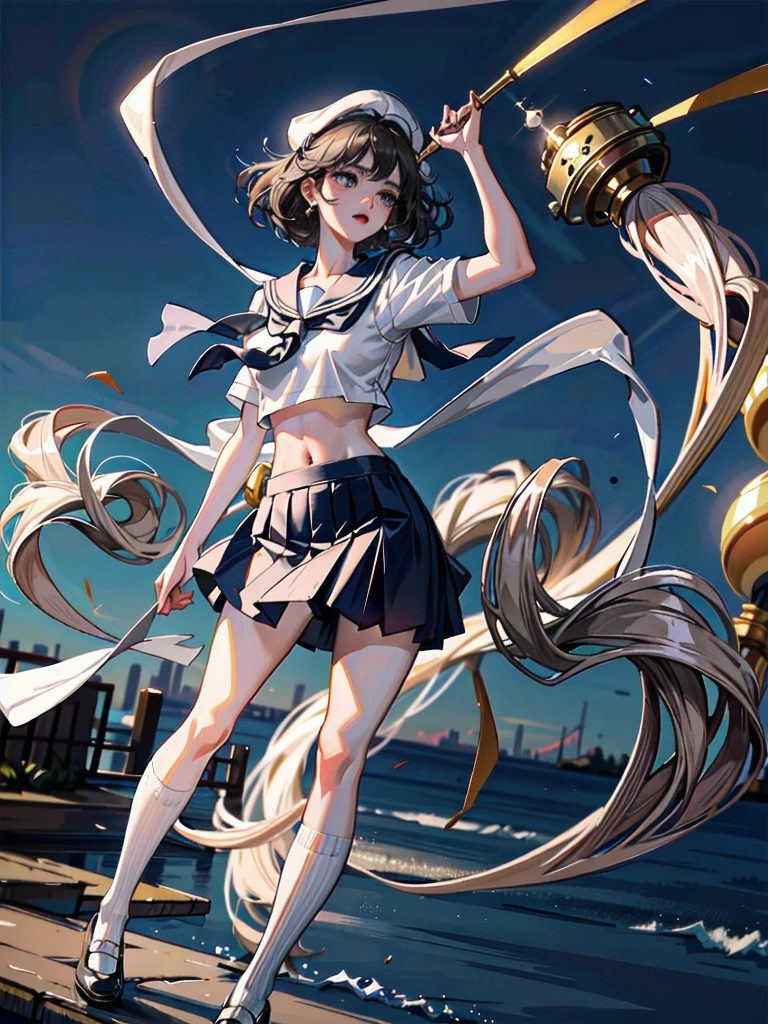 sailor school_uniform, absurdres, RAW photo, extremely delicate and beautiful, masterpiece, Best Quality, ultra high resolution, 32k, hyperrealistic, ultra-detailed, detailed description, pale skin, 20 years old, tearful mole, earring, Colossal tits, short medium hair, wavy hair, full body shot,