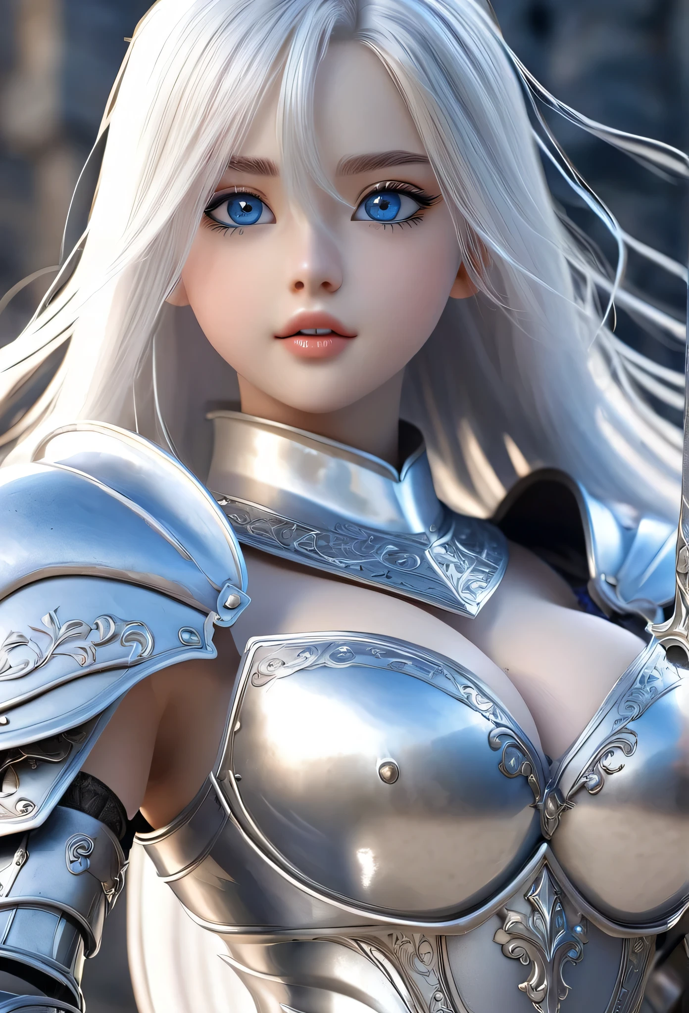 18-year-old girl,Silver long hair,Blue Eyes,Long eyelashes,White skin,Big eyes,Unbelievably huge breasts,((3D anime style)),A knight in revealing silver armor,Wearing a blue aura,Swinging a sword,