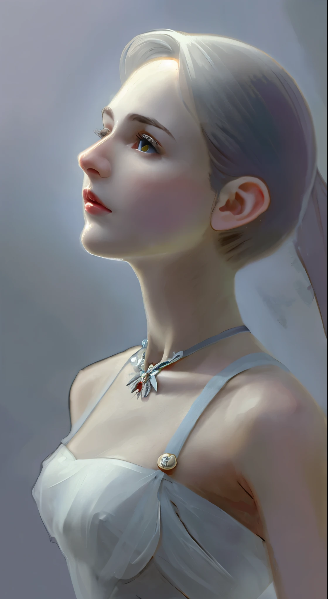 Waist shot of a female elf, Complex, Narrow Face, elegant, Wearing a sapphire necklace, White lightweight dress with straps, To the camera, Very detailed, Digital Painting, Art Station, Concept Art, Smooth, Sharp focus, figure, Artgerm、Greg Rutkowski、Art by Alphonse Mucha, 8k, Volumetric Fog, bloom, light, lumen, Crank blur