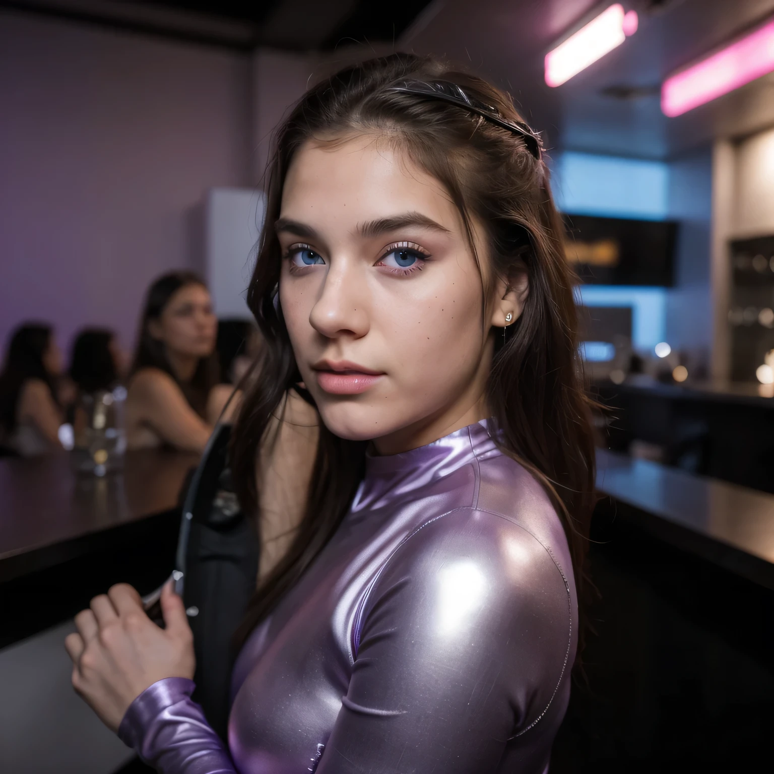 photo of a college student，16 years old, in Purple Pink, futuristic space suit, (freckles:0.8) cute face, sci-fi, dystopian, detailed eyes, cobalt blue eyes（（Side view））Disco bar