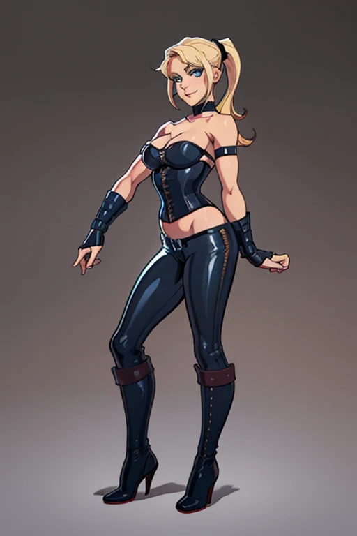 (masterpiece, official art), 1girls, solo, shortstackBT, shortstack, blue eyes, long hair, Casey Lynch Mo leather, standing, view from front, simple background, looking at viewer, (full body), smile, seductive, alluring attire, black corset, ponytail, blonde hair