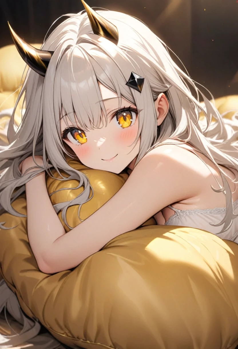 Silk white camisole bra, flowing hair, warm smile, yellow eyes, black diamond-shaped horn-like hairpin, head buried in oversized golden silk soft cushion,
