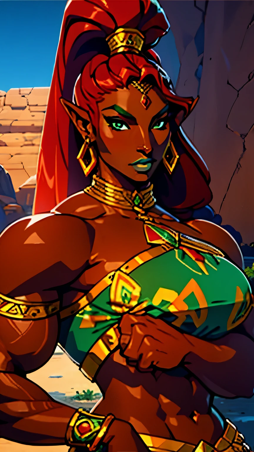 ((best quality)), ((highly detailed)), masterpiece, (detailed eyes, deep eyes), (1girl), full body, gerudo, very long hair, red hair, muscular female(dark skin), big nose, green lips, lipstick, large bust,gold jewelry, cyan clothes, outside, in a desertcinematic scenery, cinematic lighting, wallpaper