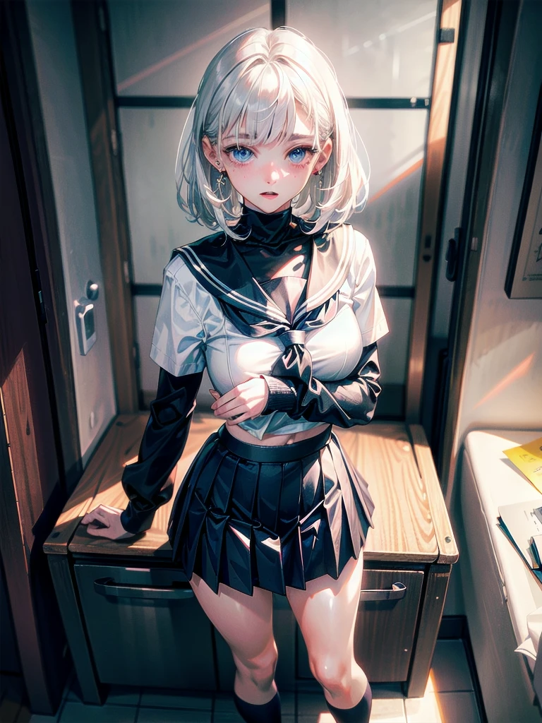 sailor school_uniform, absurdres, RAW photo, extremely delicate and beautiful, masterpiece, Best Quality, ultra high resolution, 32k, hyperrealistic, ultra-detailed, detailed description, pale skin, 20 years old, tearful mole, earring, Colossal tits, short medium hair, wavy hair, full body shot,