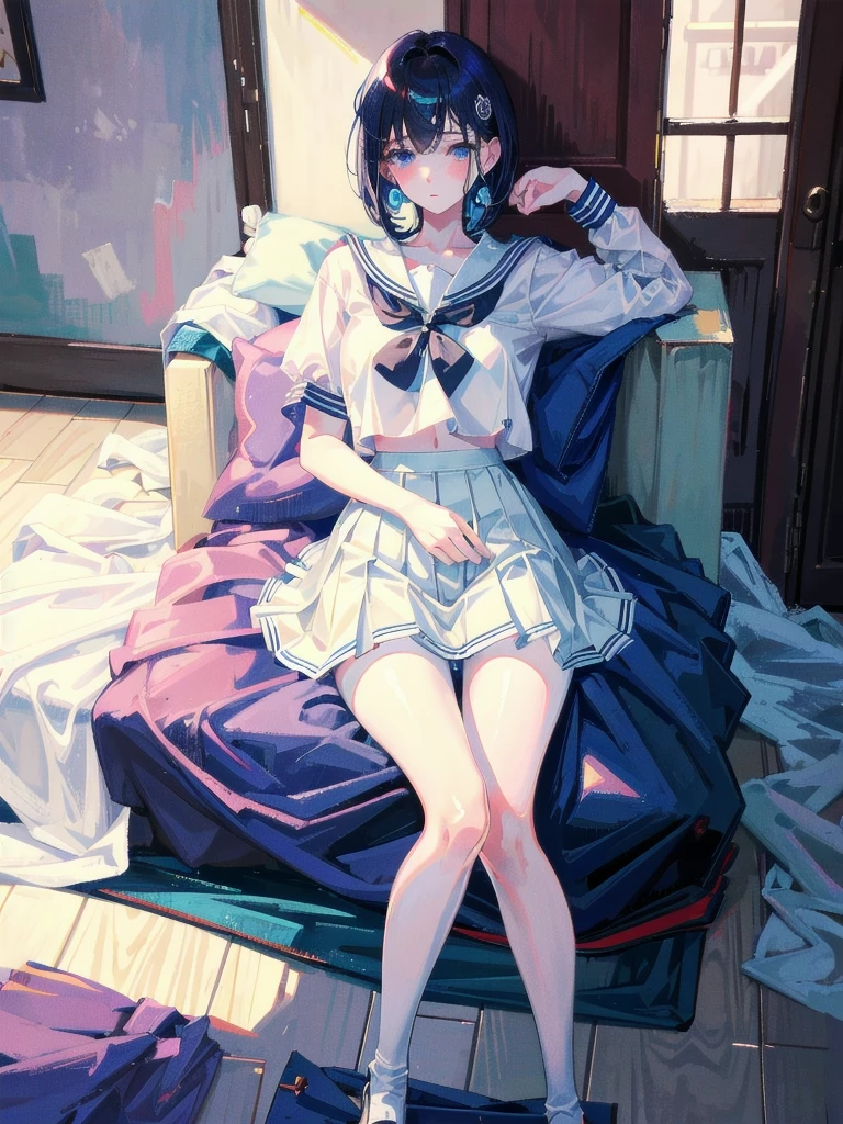 sailor school_uniform, absurdres, RAW photo, extremely delicate and beautiful, masterpiece, Best Quality, ultra high resolution, 32k, hyperrealistic, ultra-detailed, detailed description, pale skin, 20 years old, tearful mole, earring, Colossal tits, short medium hair, wavy hair, full body shot,