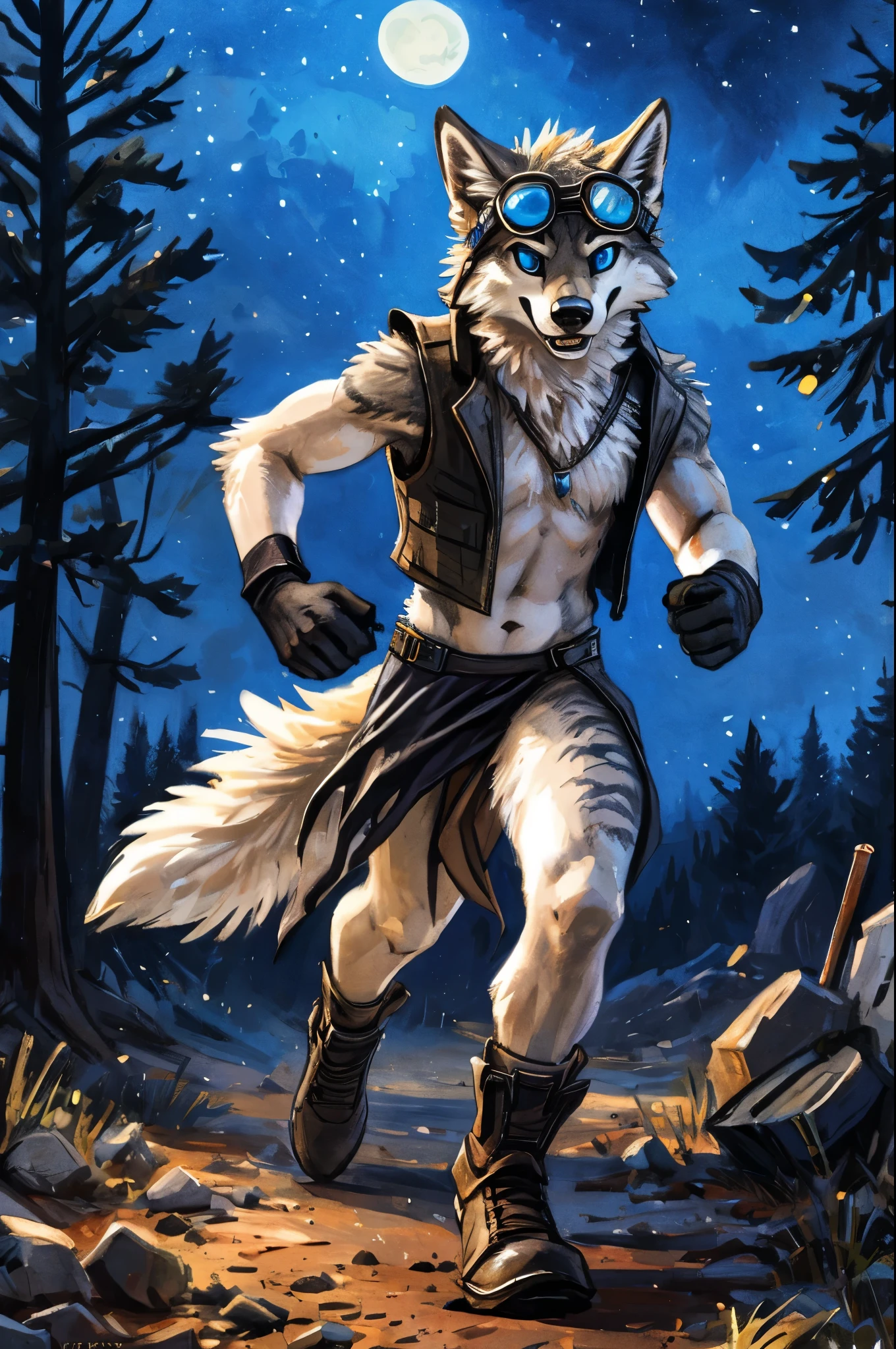 Solo, teen furry, furry, teen, white wolf, wolf, white body, white fur, grey stripes, googles, black sleeveless jacket, black loincloth, masterpiece, Detailed face, big eyebrows, blue eyes, detailed eyes, No muscles, Detailed hands, Flat body, Skinny, Detailed paws, no shirt, no underwear, black gloves, black boots, running, night, art by kenket