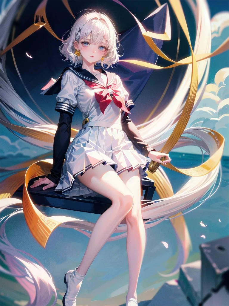 sailor school_uniform, absurdres, RAW photo, extremely delicate and beautiful, masterpiece, Best Quality, ultra high resolution, 32k, hyperrealistic, ultra-detailed, detailed description, pale skin, 20 years old, tearful mole, earring, Colossal tits, short medium hair, wavy hair, full body shot,