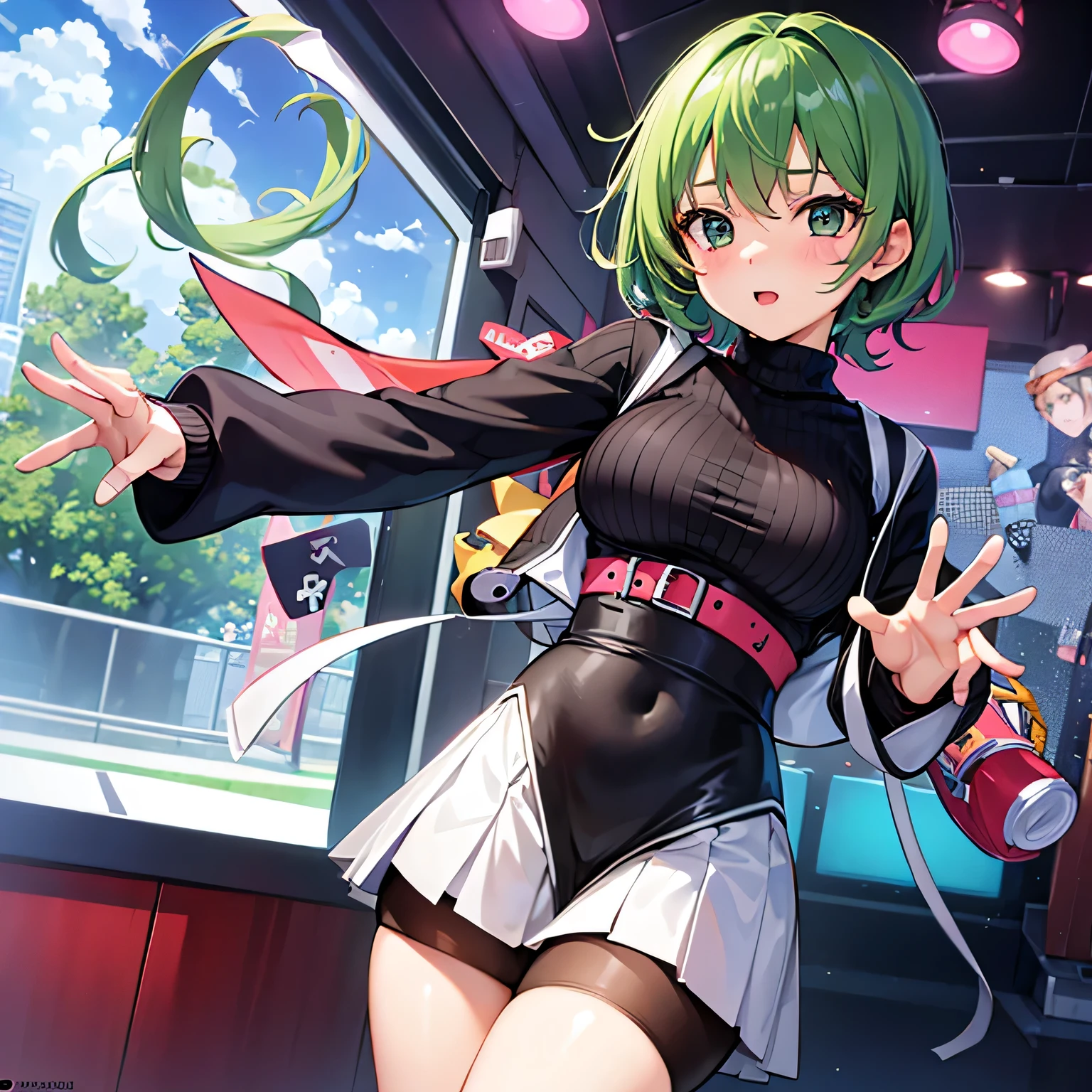 solo, 1girl, yamagishi fuuka,  gekkoukan high , turtleneck sweater, hot dress and short skirt and bra