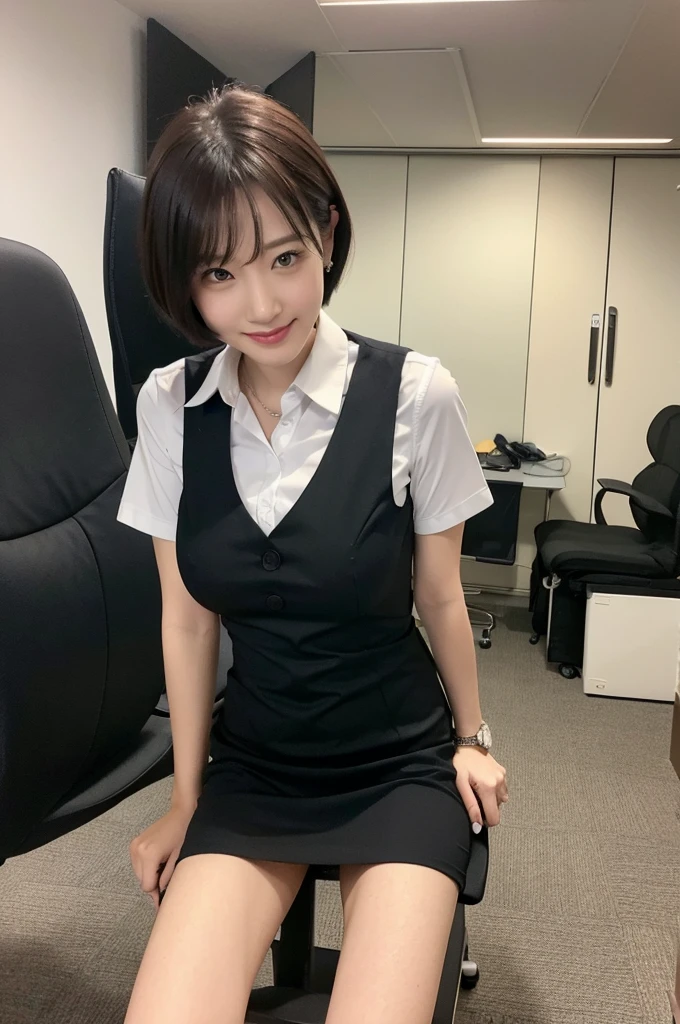 (Natural background), masterpiece, highest quality, shape, Very detailed, finely, High resolution, 8k wallpaper, 完璧なダイナミックな構shape, finelyて美しい目, Big Breasts, Natural color lip, Random pose, smile, ((office)), Beautiful woman, short hair、Full Body Shot, ((working office uniform)), (dark), Thinking Ahead, Sit on a chair