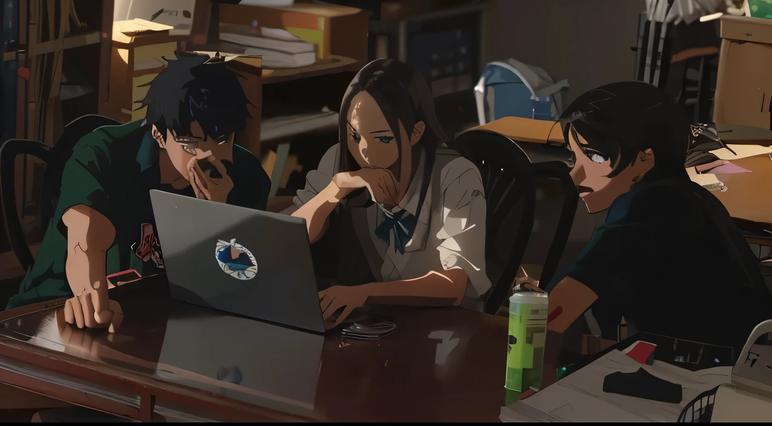 Anime screenshot, group of teenager working on school project