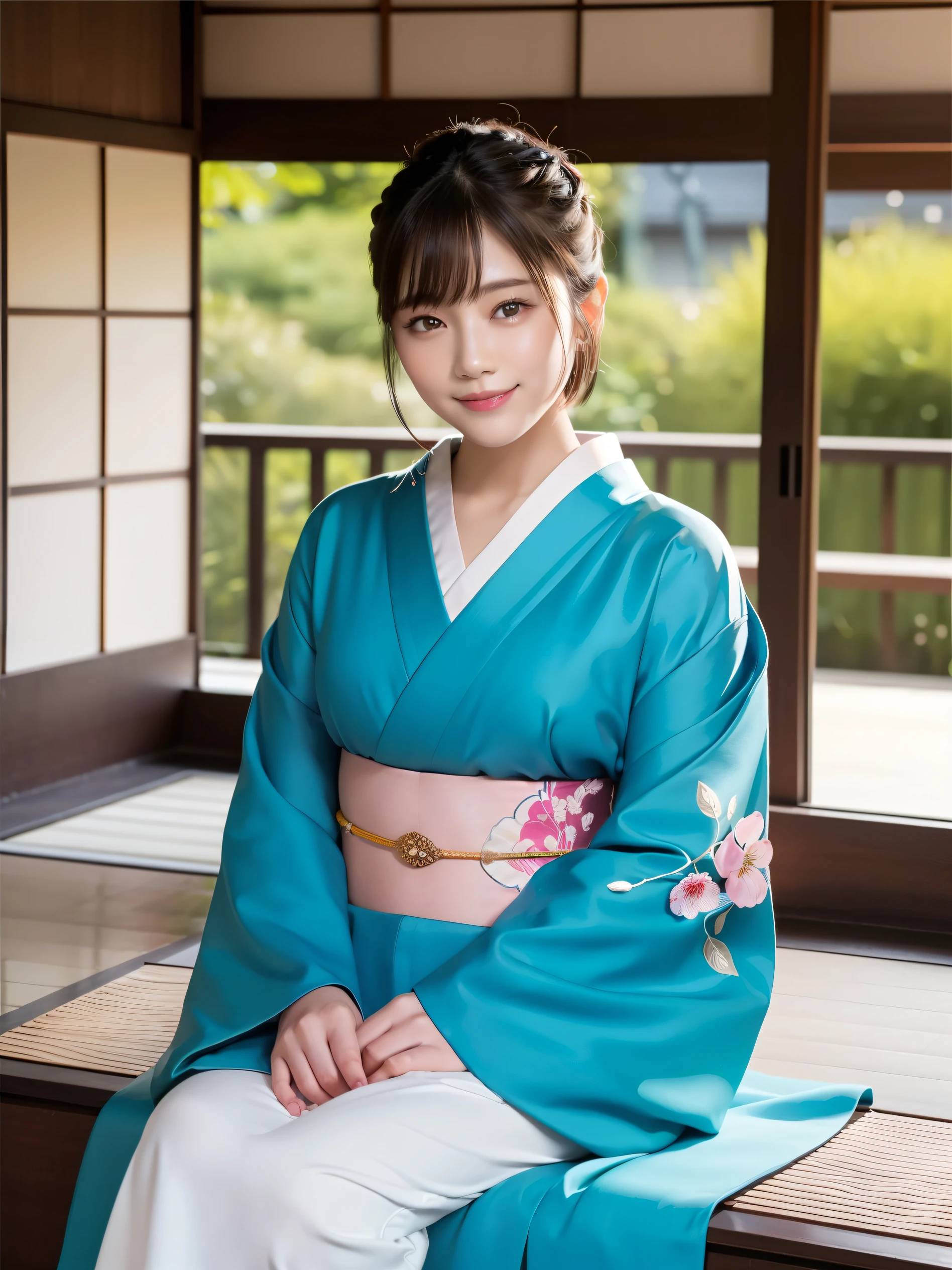 (highest quality:1.5)、(Real:1.5)、(1 person:1.5)、(Very detailed)、(High resolution)、8k、Small breasts、Natural color lip、Cute smile、Japanese women、20 year old girl、Beautiful and elegant face、Cute face、Arched thin eyebrows、Cute eyes, large, well-balanced eyes、Big Eyes、Fair skin、、Natural Bangs、Beautiful and thin nose、 Beautiful Skin、Medium Bob Hair、Natural Bangs、Beautiful Faces、Slim face、Slim figure、(With a cute expression)、(Bright lighting)、Professional Lighting、(Lighting from the front)、Adorable smile、cute、Beautiful cleavage、(A woman wearing a kimono sitting on the veranda of a Japanese-style room)、Japanese-style room with a Japanese garden、
