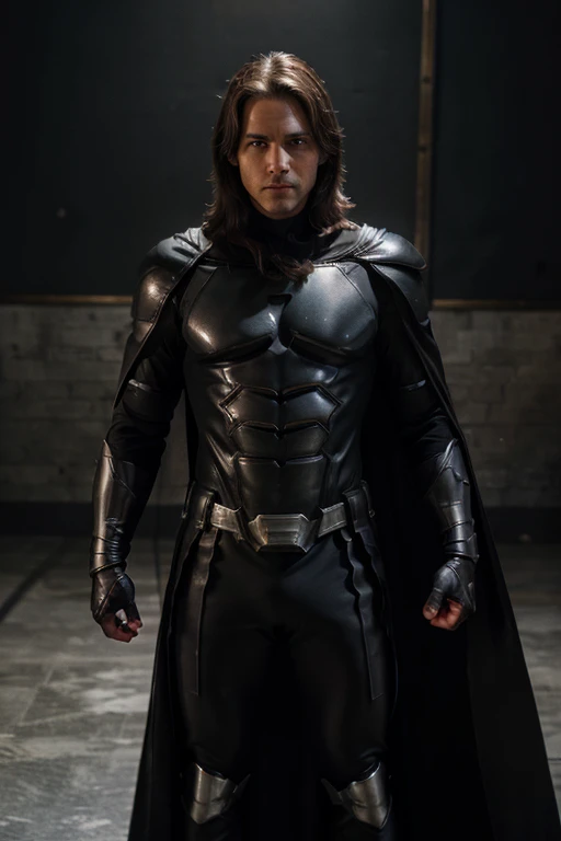 (high quality, highres, ultra-detailed), superhero man, godly silver armor, black cape, black gloves, black stripes on both sides of arms, no logo on armor, brown hair, superhero base, vibrant colors, dramatic lighting