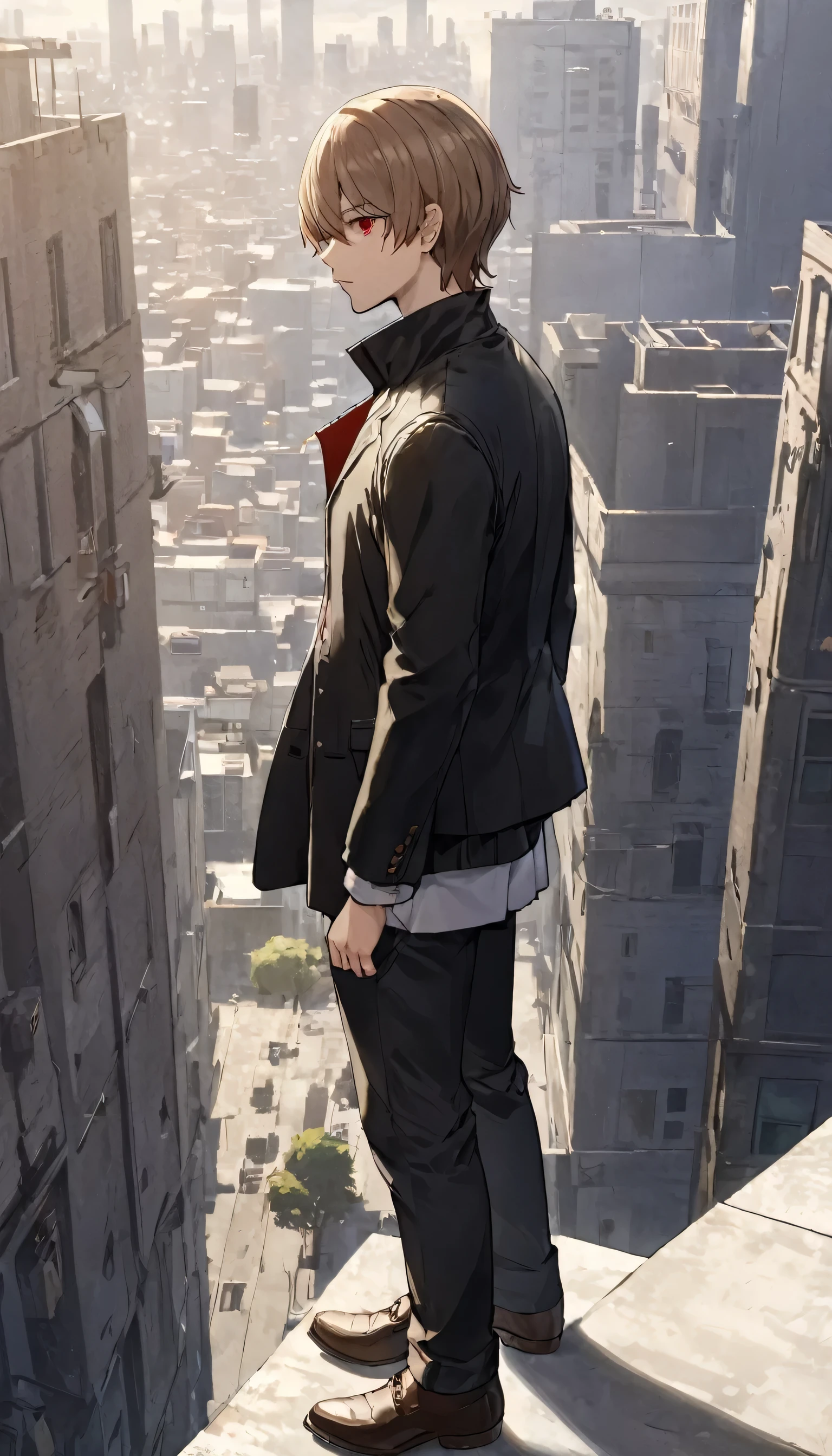 side view, 1man, light brown hair, red eyes, black jacket, white sando, black pants, brown shoes, standing at the top of a building, male protagonist, absurdres, high res, ultrasharp, 8K, masterpiece, looking at viewer