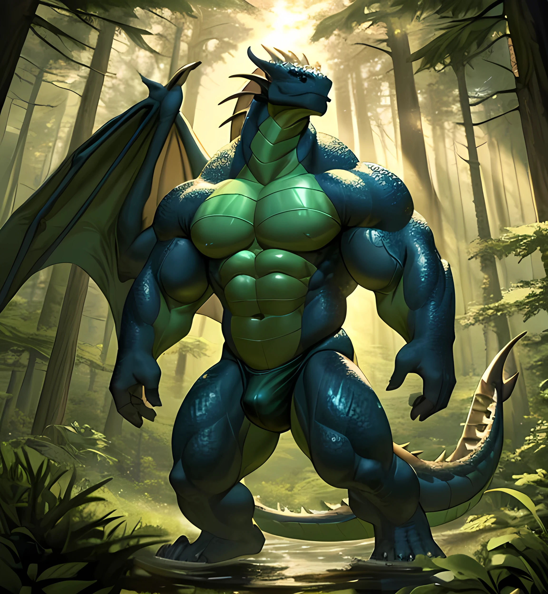 Muscles ripple and bulge as the dragon takes a confident, idyl standing pose, showcasing its imposing stature and raw power. The intricately detailed scales on its tail sweep majestically behind it, catching the light and shimmering with every movement. The scene unfolds in a bright, sunlit forest, with rays of sunlight filtering through the trees and casting dappled light over the dragon's body, creating a sense of depth and realism that is truly breathtaking. every muscle fiber glows under the sunlight, showing the dragon's strength and power. The forest floor is covered in lush, green foliage, adding to the sense of serenity and