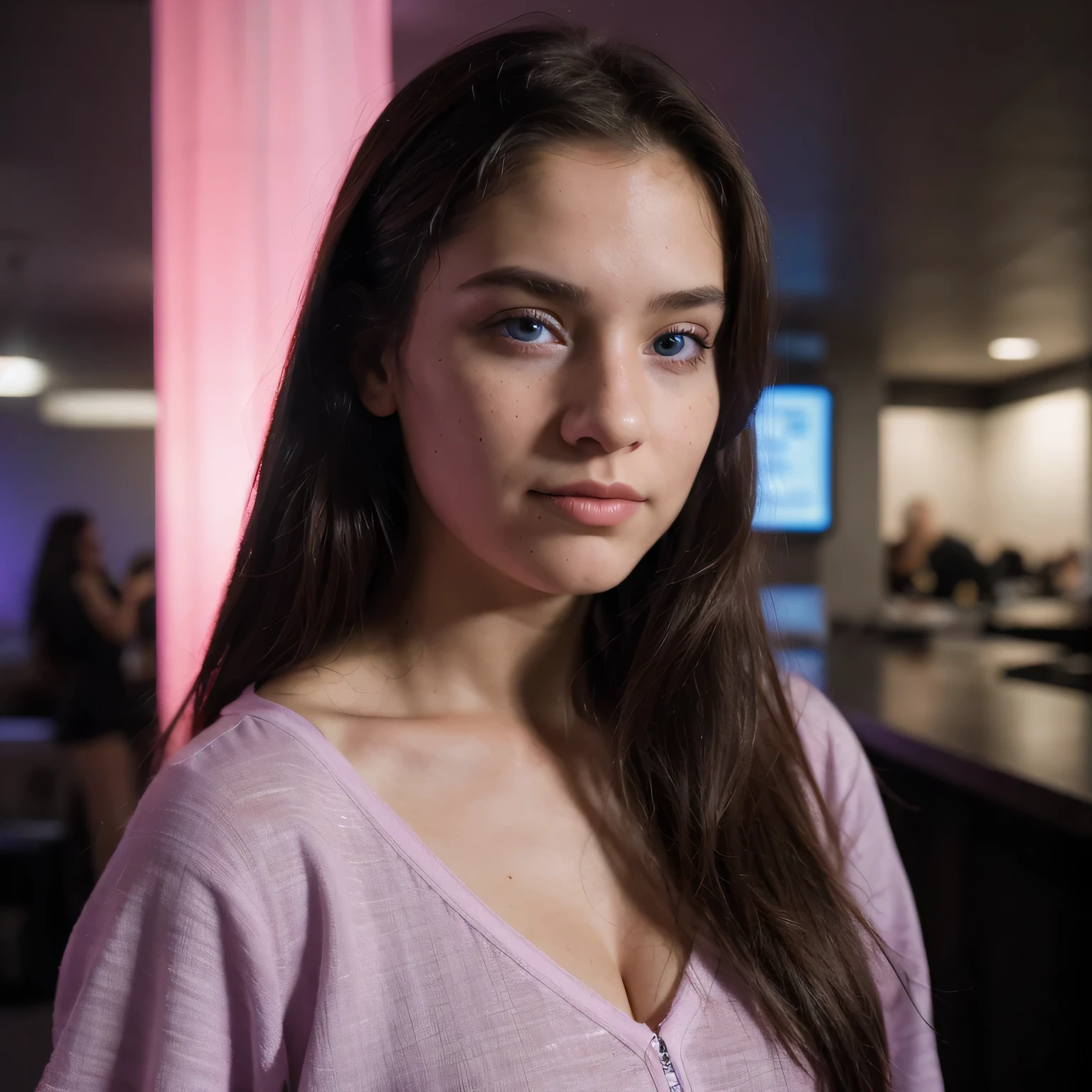 photo of a college student,, in Purple Pink, futuristic cotton and linen, (freckles:0.8) cute face, sci-fi, dystopian, detailed eyes, cobalt blue eyes((Side view))Disco bar