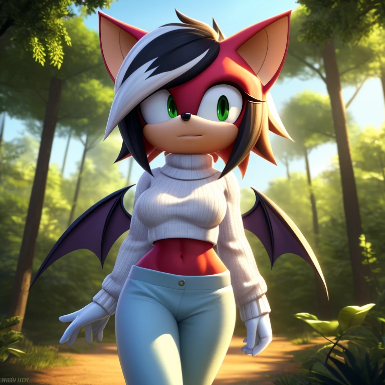 sonic_(series), red bat, (((mobian))), ((thin body, supermodel figure, thin)), (wings, batwings) (black hair, (red fur), (pixie cut, (white highlights)), ((green eyes)), medium breasts, (white sweater, blue trackpant, white gloves), forest background, trees, foliage, cute, masterpiece, 4k, high quality, studio quality, detailed, insanely detailed, extreme detail, refined detail, perfect detail, max detail