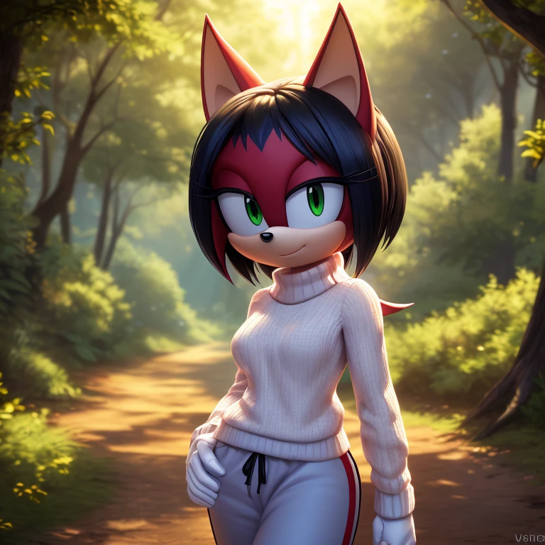 sonic_(series), red bat, (((mobian))), ((thin body, supermodel figure, thin)), (wings, batwings) (black hair, (red fur), (pixie cut, (white highlights)), ((green eyes)), medium breasts, (white sweater, blue trackpant, white gloves), forest background, trees, foliage, cute, masterpiece, 4k, high quality, studio quality, detailed, insanely detailed, extreme detail, refined detail, perfect detail, max detail
