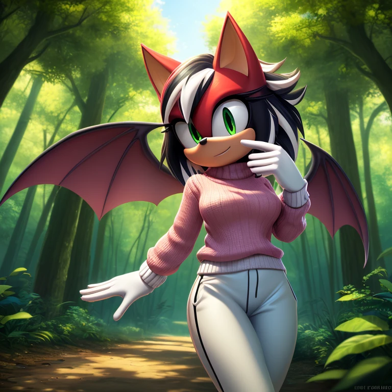 sonic_(series), red bat, (((mobian))), ((thin body, supermodel figure, thin)), (wings, batwings) (black hair, (red fur), (pixie cut, (white highlights)), ((green eyes)), medium breasts, (white sweater, blue trackpant, white gloves), forest background, trees, foliage, cute, masterpiece, 4k, high quality, studio quality, detailed, insanely detailed, extreme detail, refined detail, perfect detail, max detail