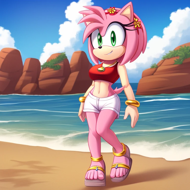 Amy Rose, Hedgehog, pink fur,light green eyes eyes, ornament flowers,head flowers,golden necklace,red crop top with boob,perfect female shape,full body,(beach background),seaside,window, sleeveless, golden Bracelets , white shorts, white sandals shoes, (very long wavy quills), ((solo)), ((1girl)), confident expression