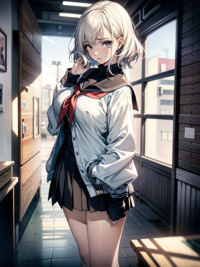 sailor school_uniform, absurdres, RAW photo, extremely delicate and beautiful, masterpiece, Best Quality, ultra high resolution, 32k, hyperrealistic, ultra-detailed, detailed description, pale skin, 20 years old, tearful mole, earring, Colossal tits, short medium hair, wavy hair, full body shot,