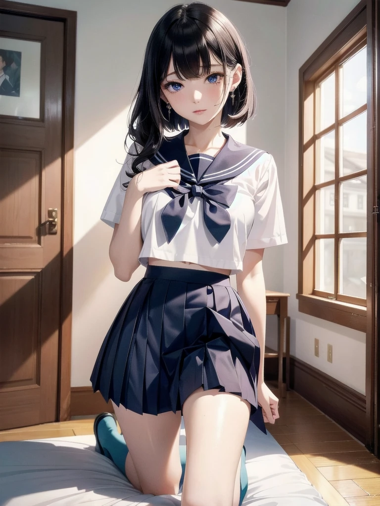 8k、highest quality、masterpiece、ultra high resolution、on the stairs、By the window、adult woman、black hair、Long sailor suit、mini skirt、white panties、big breasts、thin thighs、thin waist、hands behind head、blush、cowboy shot、Angle from directly below、Asahi、skirt lift
