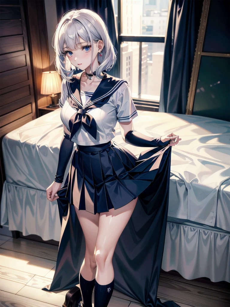 sailor school_uniform, absurdres, RAW photo, extremely delicate and beautiful, masterpiece, Best Quality, ultra high resolution, 32k, hyperrealistic, ultra-detailed, detailed description, pale skin, 20 years old, tearful mole, earring, Colossal tits, short medium hair, wavy hair, full body shot,